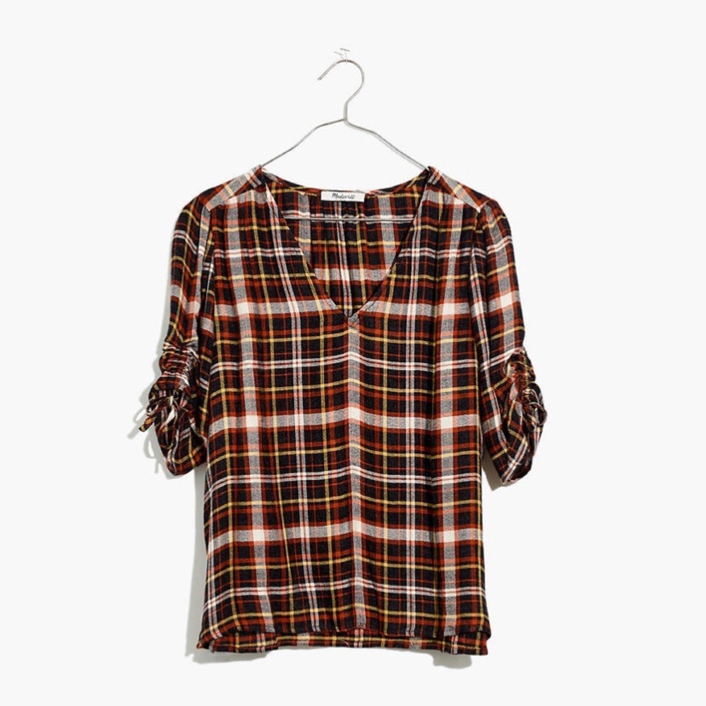 NWT Madewell Plaid Cinch-Sleeve Top